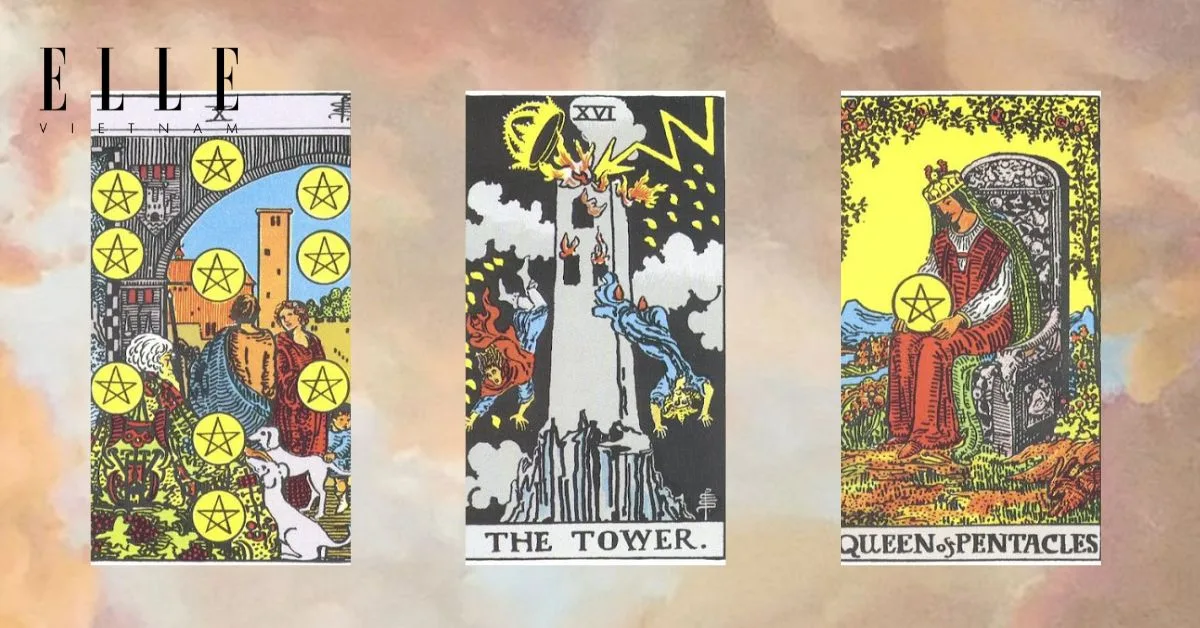 bạn có các lá bài tarot Ten of Pentacles - The Tower - Queen of Pentacles