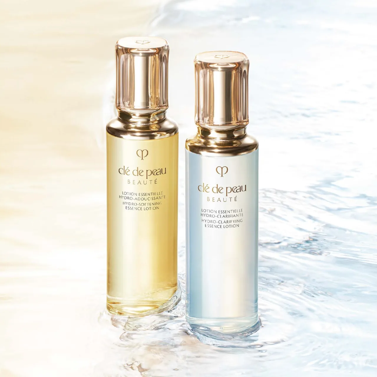 Hình ảnh nước làm mềm da Hydro-Softening Essence dành cho da khô và nước làm mềm da Hydro-Clarifying Essence dành cho da dầu của Clé de Peau Beauté.
