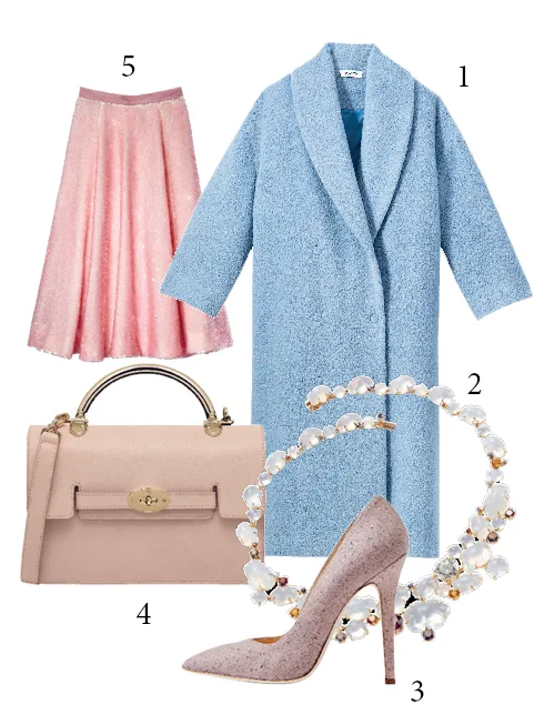 1.Áo khoác lông Alpaca Isa Arfen 2.Vòng cổ vàng hồng đính đá quý và kim cương Vieri Haute Joaillerié 3.Giày cao gót vải tweed Blumarine 4.Túi đeo chéo Mulberry 5.Chân váy đính kim sa Topshop Unique