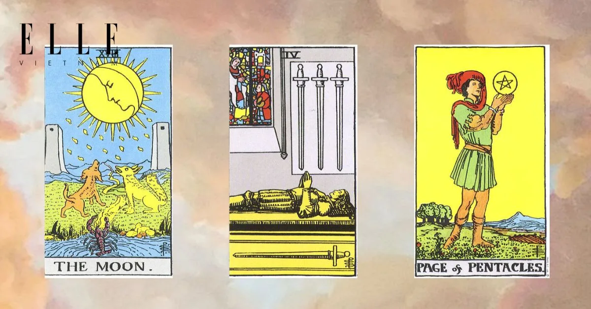 3 lá bài tarot: The Sun - Four of Swords - Page of Pentacles