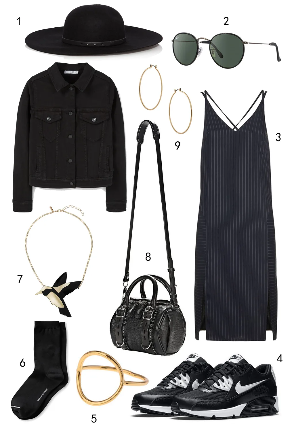 THỨ BA: 1 nón Karen Millen, 2 mắt kính Ray-ban, 3 đầm Topshop, 4 giày Nike, 5 nhẫn Topshop, 6 vớ Banana Republic, 7 dây chuyền Topshop, 8 túi Alexander Wang, 9 hoa tai Topshop