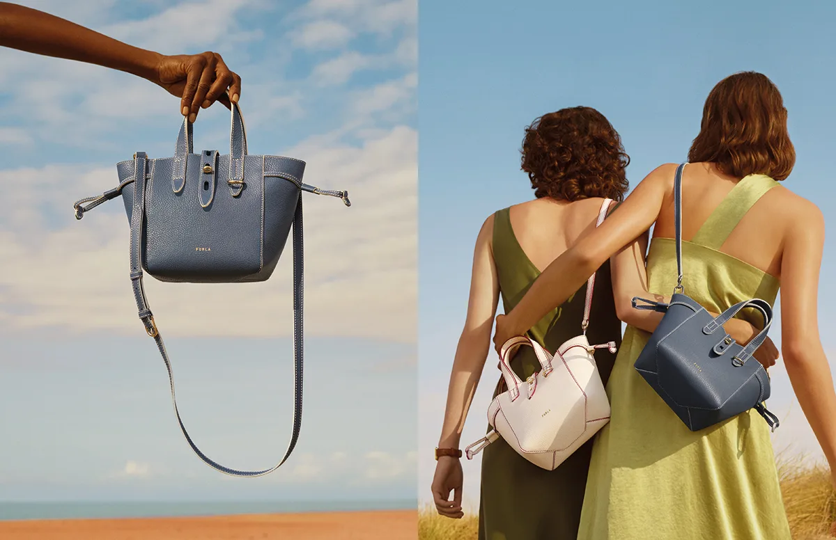 cô gái mặc trang phục xanh đeo túi furla