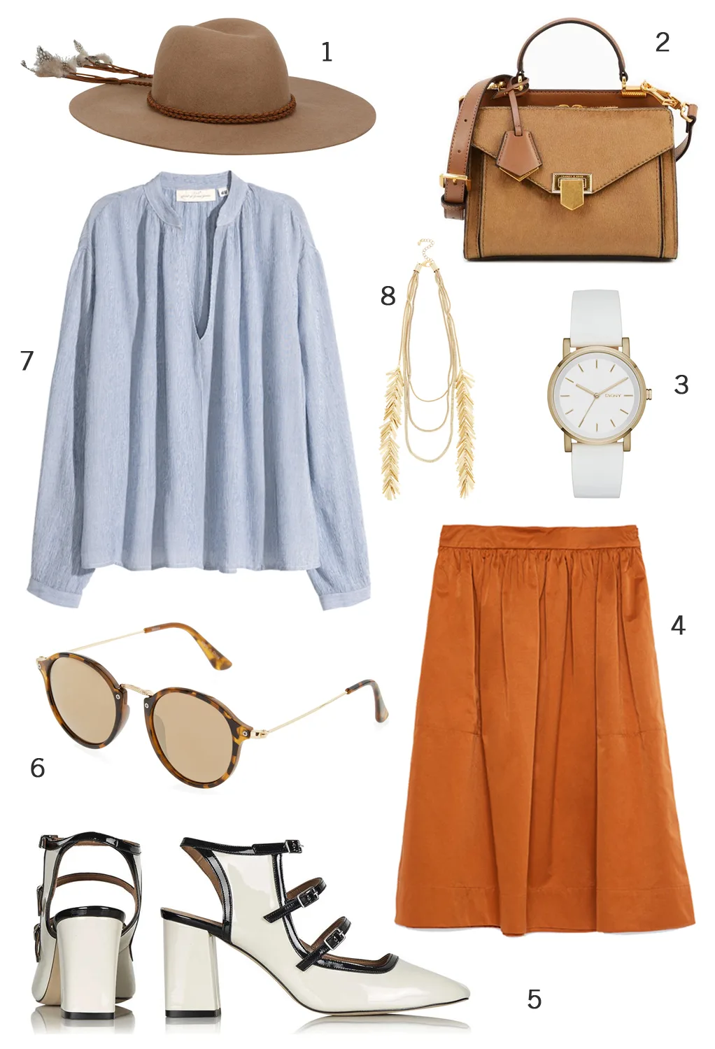 CÁCH PHỐI 1: 1. Nón Aldo - 2. Túi xách Charles & Keith - 3. Đồng hồ DKNY - 4. Váy midi Zara - 5. Giày Topshop - 6. Mắt kính Accessorize - 7. Áo blouse H&M - 8. Dây chuyền Coast