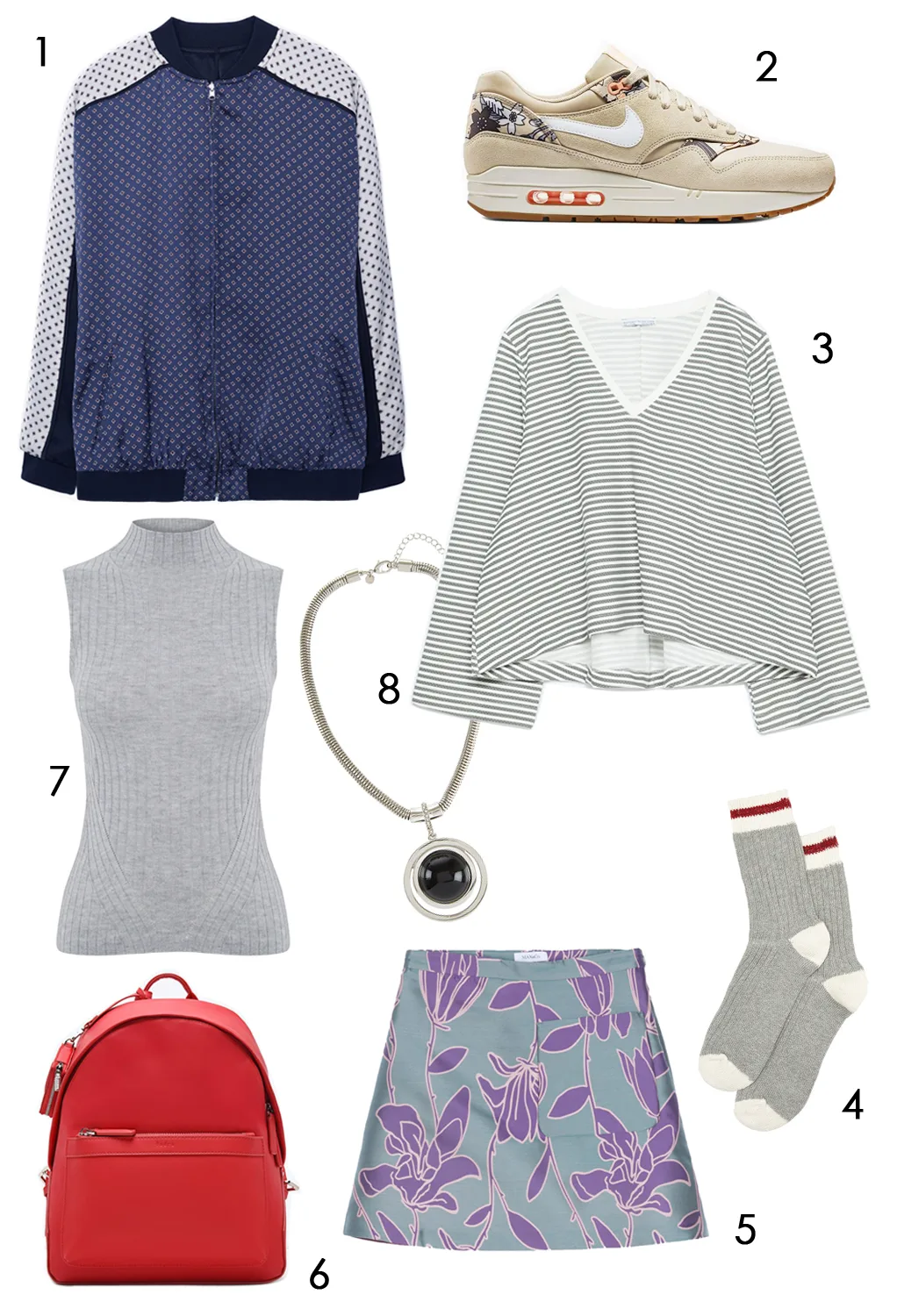 CÁCH PHỐI 4: 1.Áo khoác Mango - 2.Giày Nike - 3.Áo Zara - 4.Vớ Aldo - 5.Váy Max & Co - 6.Ba lô Pedro - 7.Áo cổ lọ warehouse - 8.Vòng cổ Marks & Spencer