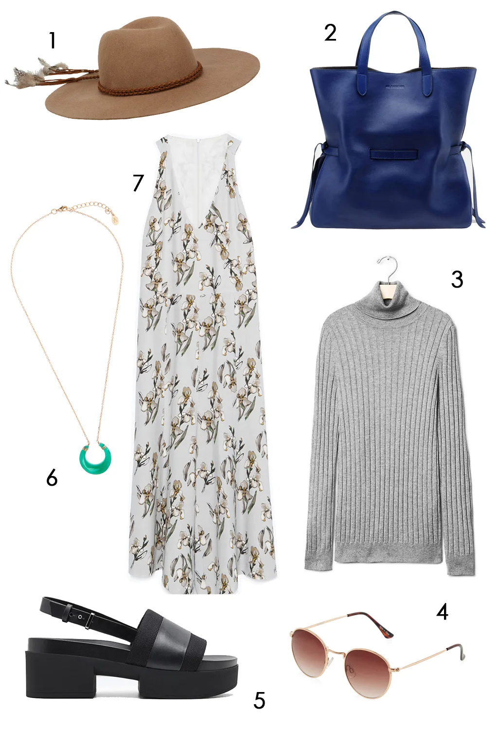CÁCH PHỐI 7: 1.Nón Aldo - 2.Túi tote Jil Sander - 3.Áo sweater GAP - 4.Mắt kính Accessorize - 5.Sandals Pedro - 6.Dây chuyền Accessorize - 7.Jumpsuit họa tiết hoa Zara