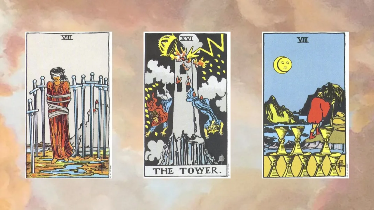 trải bài gồm Eight of Swords - The Tower - Eight of Cups