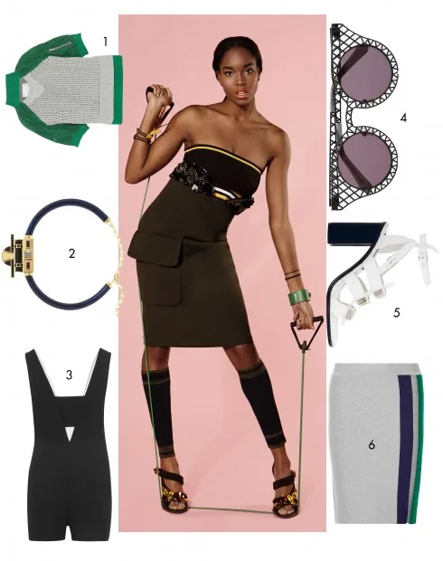 Người mẫu: Áo, chân váy, tất, giày, vòng đeo tay Prada, Nhẫn I Still Love You NYC 1.Áo Sacai 2.Dây chuyền Etro 3.Jumpsuit T By Alexander Wang 4.Kính mát House Of Holland 5.Sandals Proenza Schouler 6.Chân váy Band Of Outsiders