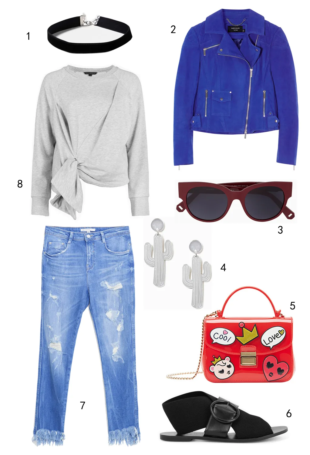 THỨ SÁU: 1 vòng cổ choker Topshop, 2 áo khoác Karen Millen, 3 mắt kính MAX & Co, 4 hoa tai Topshop, 5 túi Furla, 6 sandals Charles & Keith, 7 quần jeans Zara, 8 áo sweatshirt FCUK