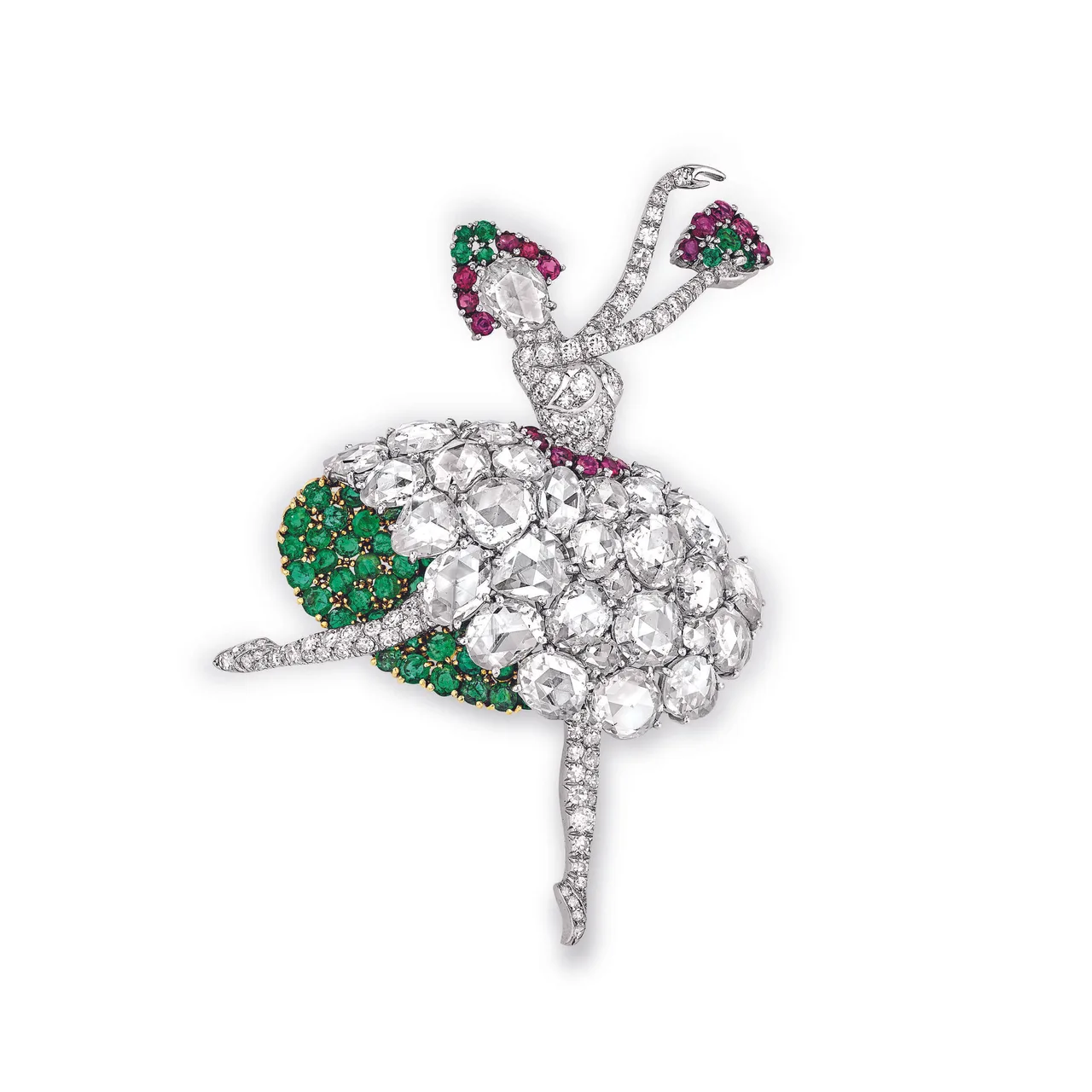 Dancer clip năm 1941 được chế tác từ platinum và vàng vàng, đính emeralds, rubies và diamonds, thuộc Van Cleef & Arpels Collection.