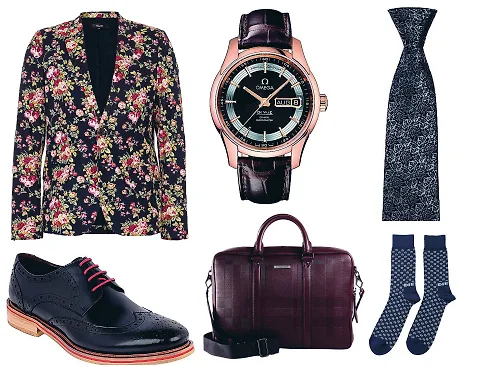 Áo blazer Topman, giày da Pedro, đồng hồ Omega, túi da Burberry, cà-vạt Pedro, tất Paul Smith.