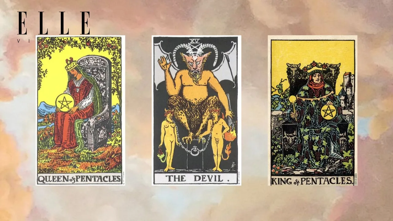 trải bài tarot tụ 1 gồm các lá bài Queen of Pentacles - The Devil - King of Pentacles