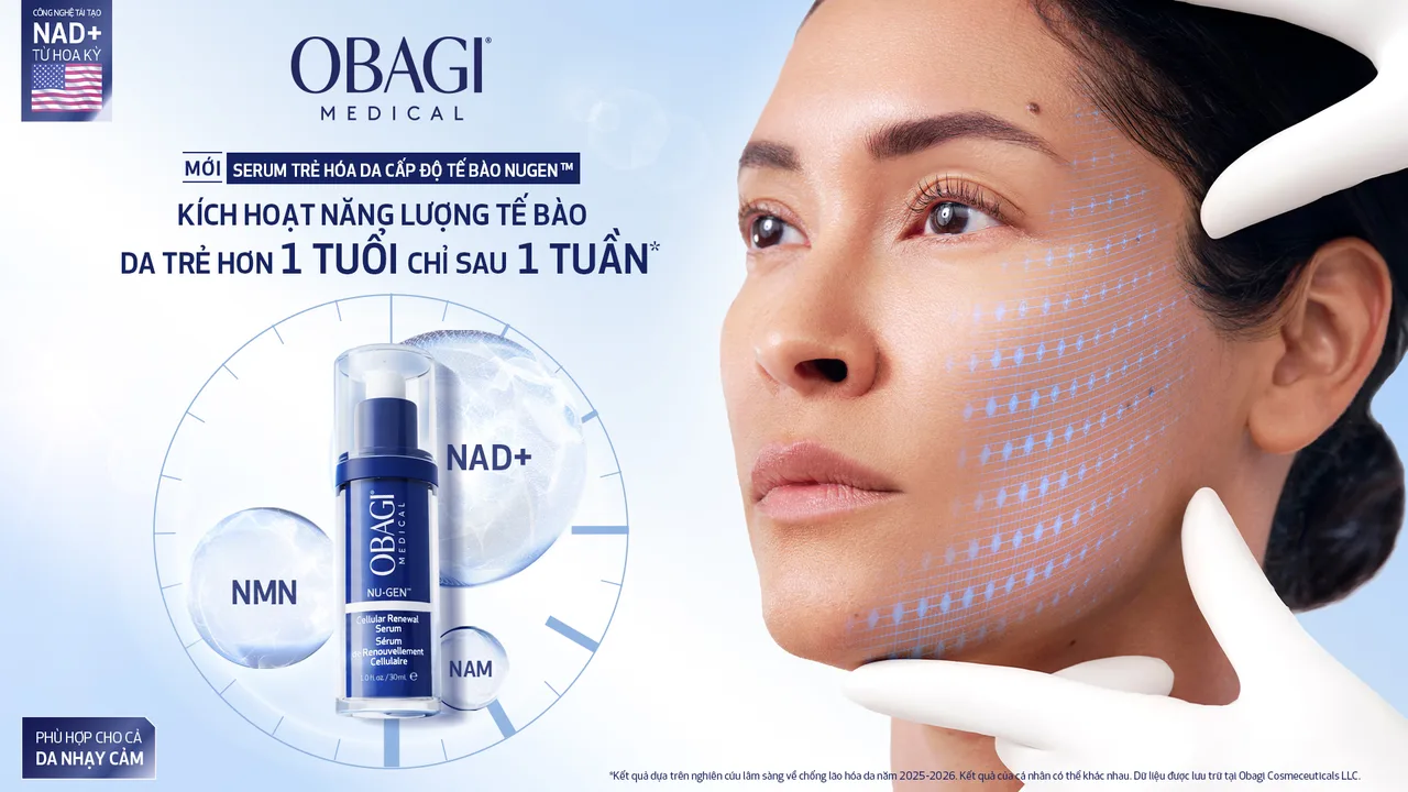 Hình ảnh quảng cáo công nghệ tái tạo NAD+ độc quyền từ Hoa Kỳ trong serum NU-GEN™ từ Obagi.