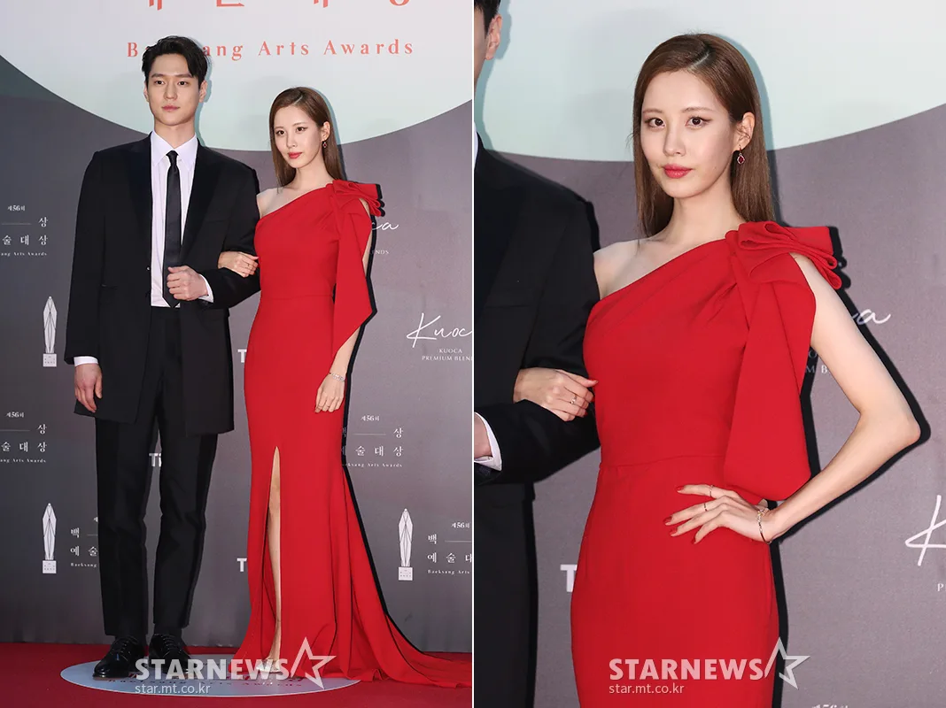 thảm đỏ lễ trao giải baeksang 2020 son ye jin - seohyun đầm đỏ lệch vai xẻ tà