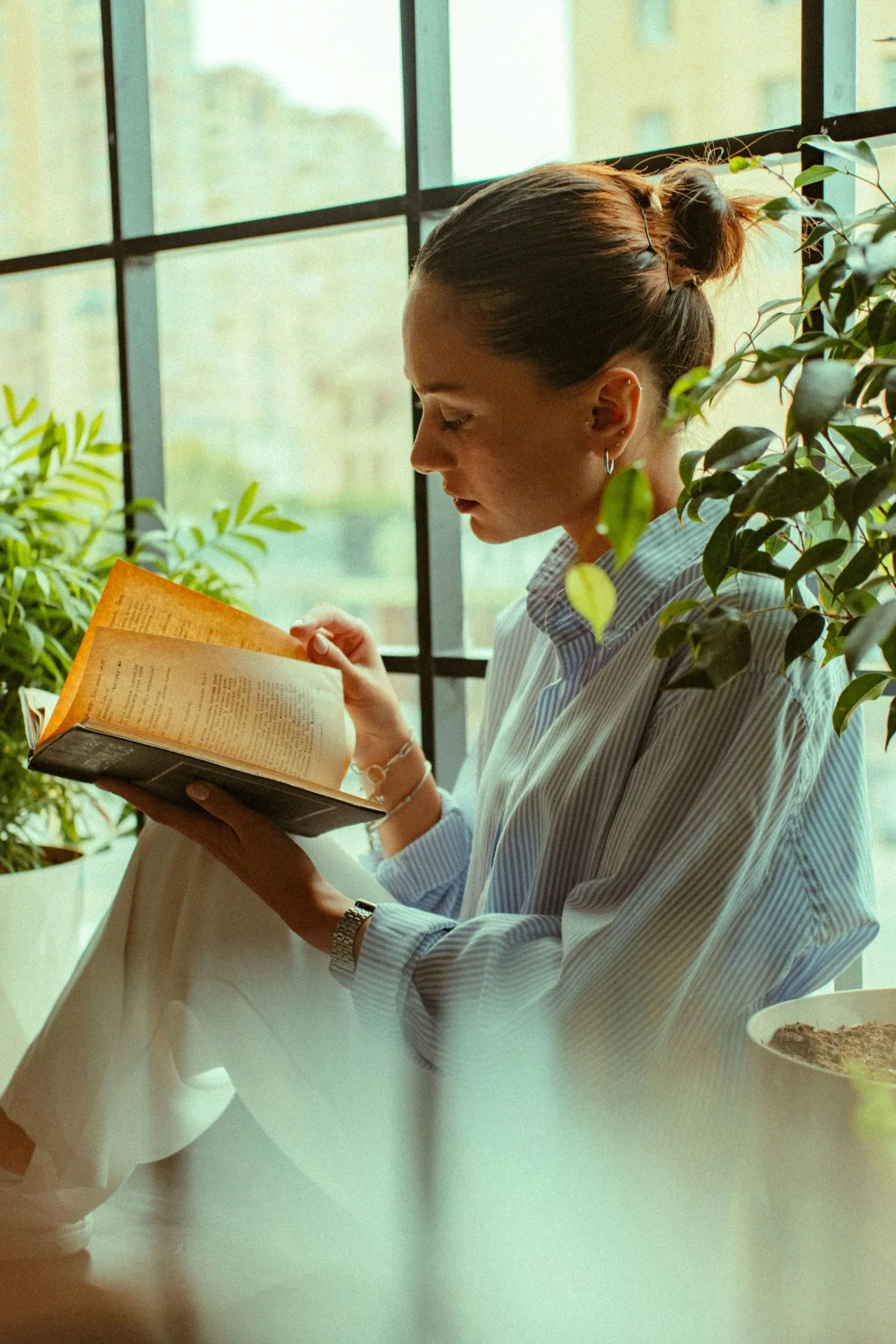 cô gái chăm chú ngồi đọc sách bên cửa sổ