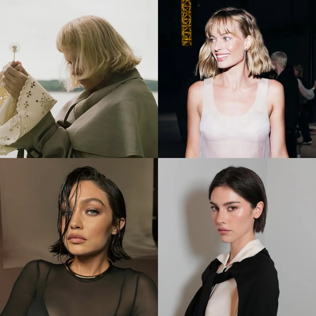 Hình ảnh Pamela Anderson, Margot Robbie, Gigi Hadid, và Gracie Abrams cùng các kiểu tóc bob khác nhau.