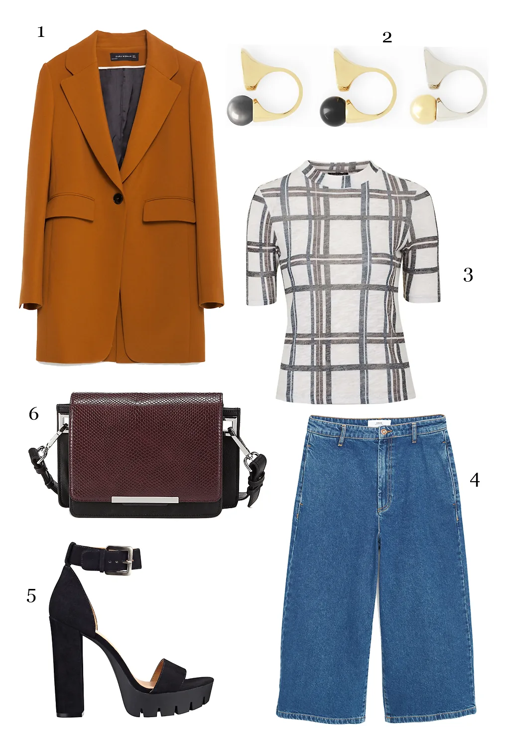 CÁCH PHỐI 6: 1-Áo blazer Zara, 2-Set nhẫn Chloé, 3-Áo Topshop, 4-Quần Mango, 5-Giày Nine West, 6-Túi Marks & Spencer.