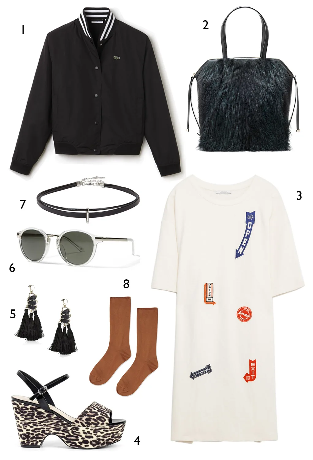 THỨ SÁU: 1 áo khoác Lacoste, 2 túi Furla, 3 đầm Zara, 4 wedge sandals Charles & Keith, 5 hoa tai Marks & Spencer, 6 mắt kính Banana Republic, 7 vòng cổ Aldo, 8 vớ Topshop