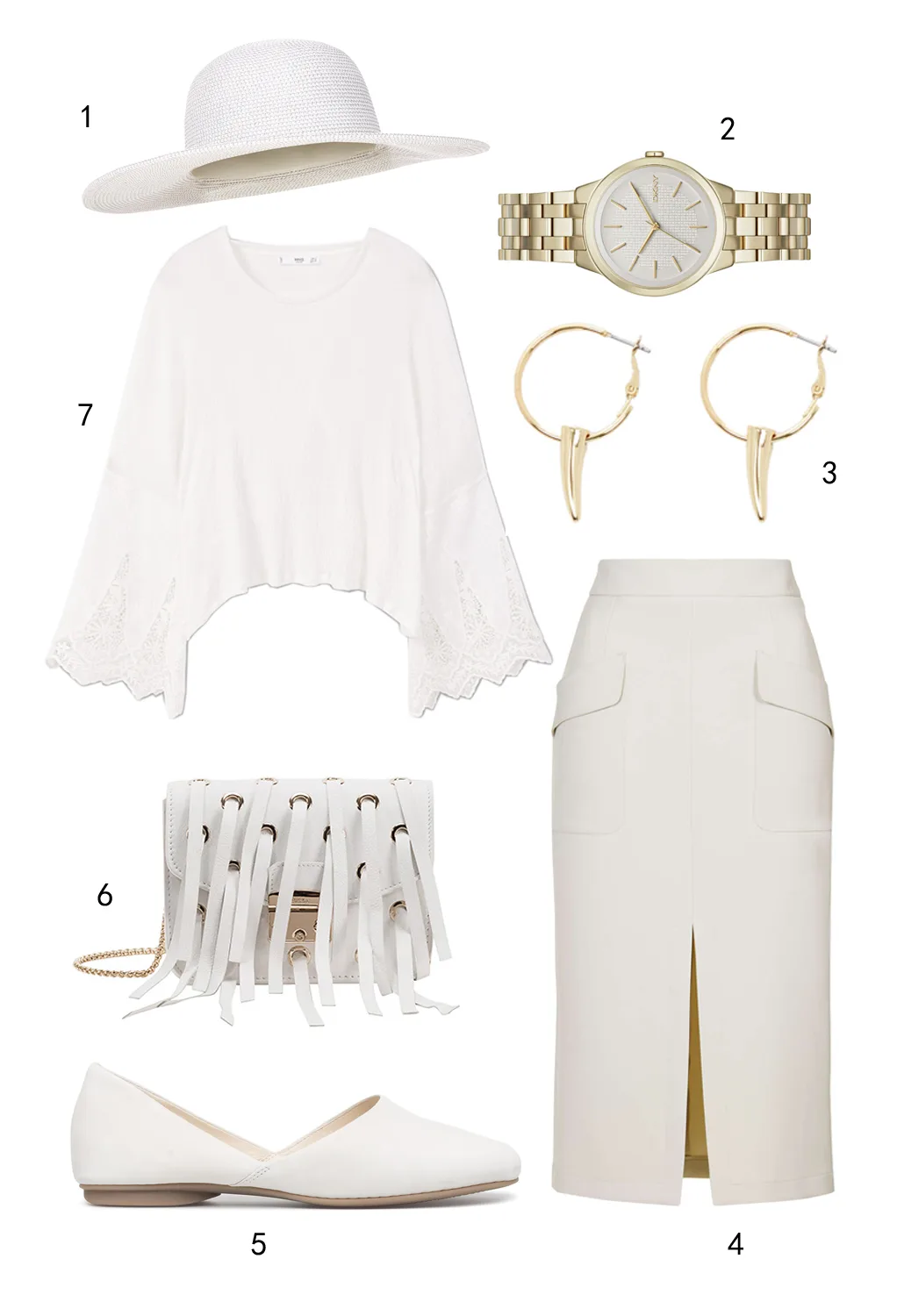 THỨ SÁU: 1 nón Accessorize, 2 đồng hồ DKNY, 3 hoa tai Warehouse, 4 váy Topshop, 5 giày Ecco, 6 túi Furla, 7 áo Mango