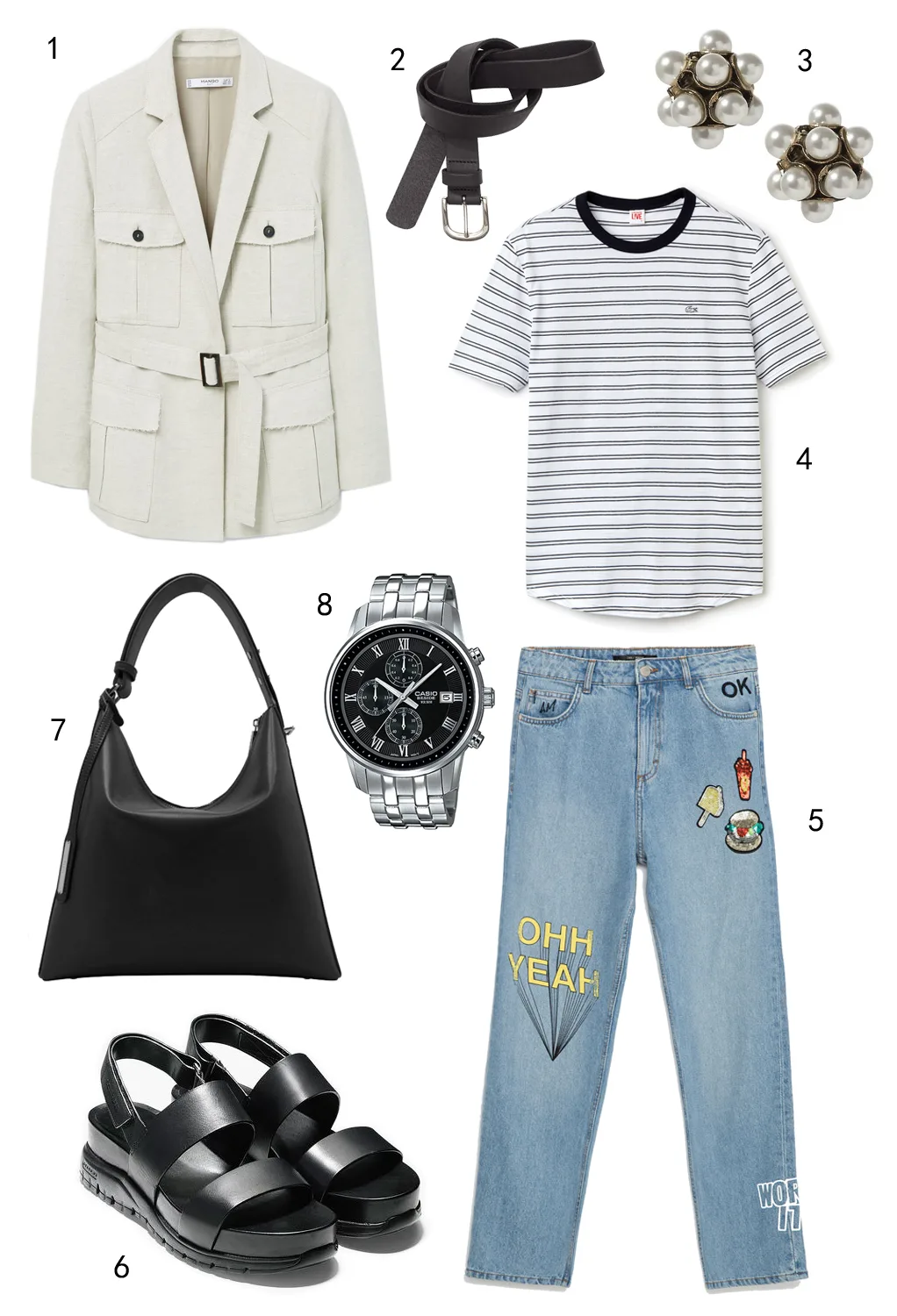 THỨ BẢY: 1 áo khoác Mango, 2 thắt lưng H&M, 3 hoa tai Banana Republic, 4 áo thun Lacoste, 5 quần jeans Zara, 6 sandals Cole Haan, 7 túi Pedro, 8 đồng hồ Casio.
