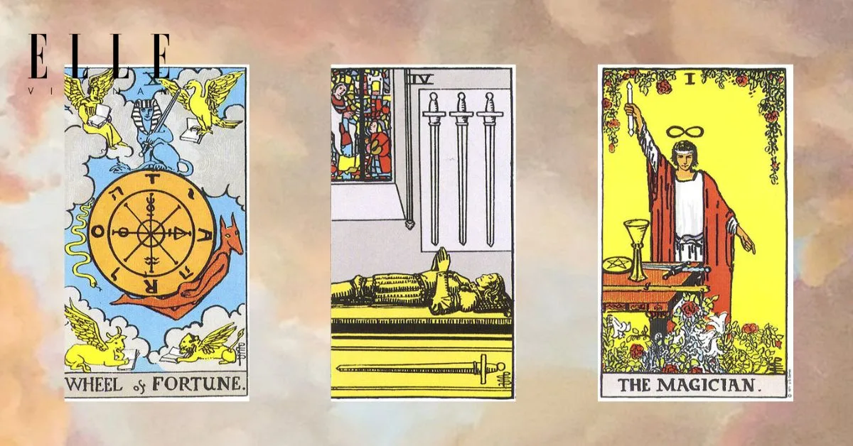 lá bài tarot: Wheel of Fortune - Four of Swords - The Magician