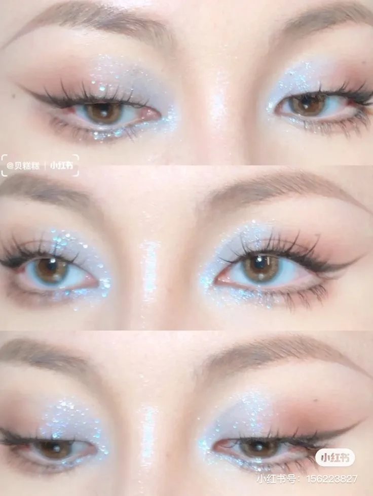 makeup mắt tone xanh phối cùng màu pastel gây sốt douyin