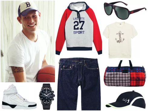 Đồng hồ thể thao Edox, áo thể thao Lacoste, áo thun Lacoste, quần jeans Levi's, túi xách vải Marc By Marc Jacobs, kính mát Versace, nón Lacoste, giày thể thao Givenchy.