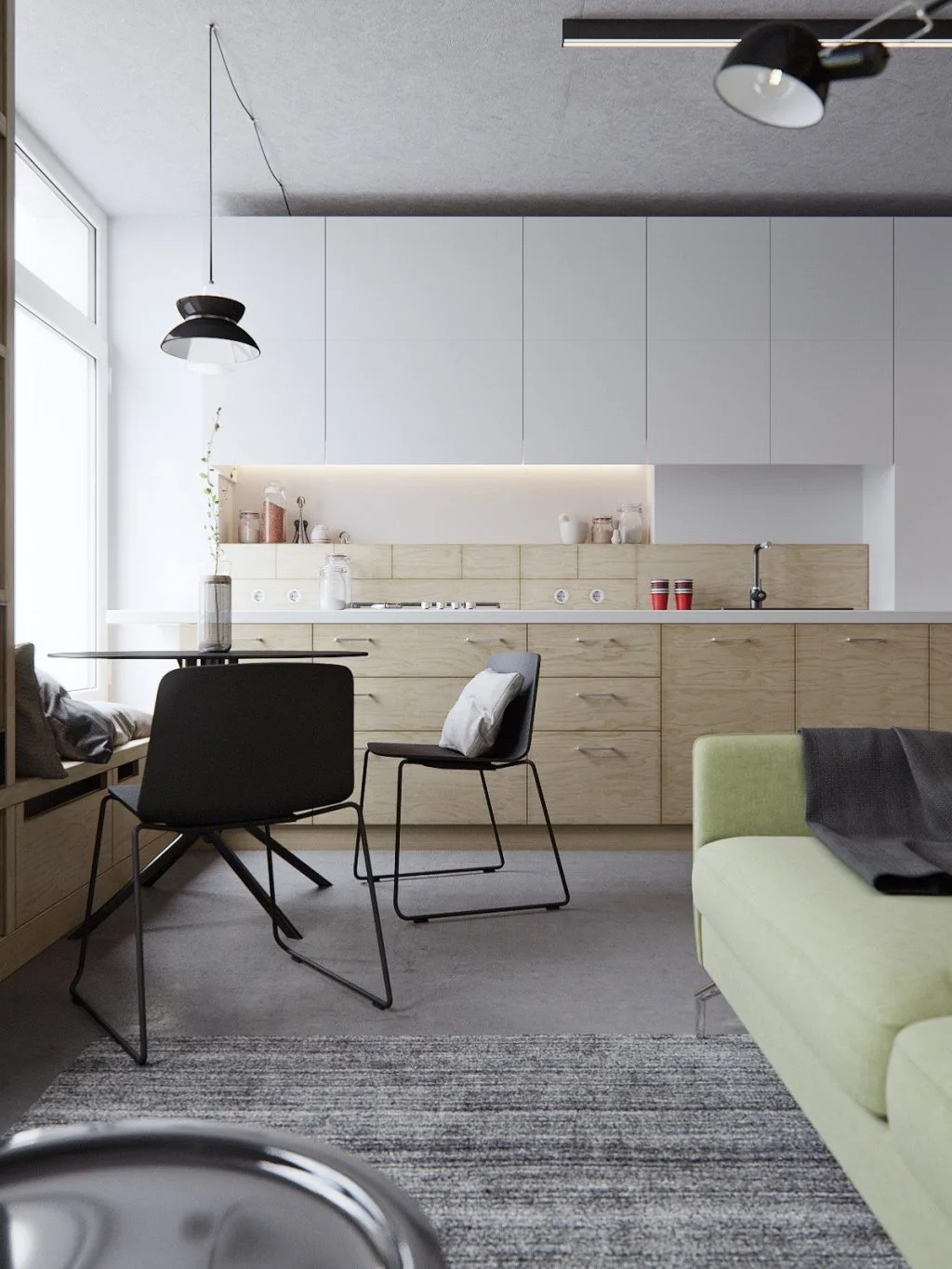 1.Avocado-coloured-couch-light-wood-panelling-living-space-and-kitchen