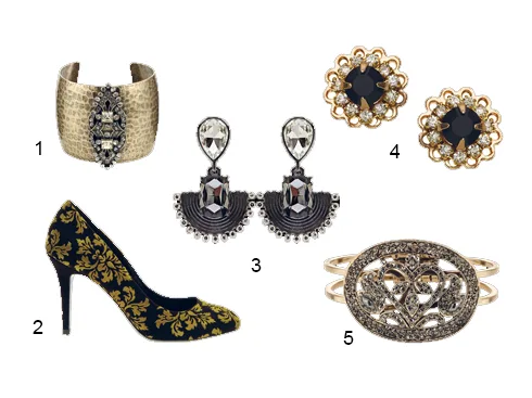Phụ trang: 1.Vòng tay kim loại đính pha lê ACCESSORIZE 599.000 VNĐ 2.Giày bọc vải gấm CHARLES & KEITH 1.690.000 VNĐ 3.Hoa tai hình quạt DIVA 399.000 VNĐ 4.Hoa tai tròn DIVA 219.000 VNĐ 5.Vòng tay đính pha lê ACCESSORIZE 599.000 VNĐ