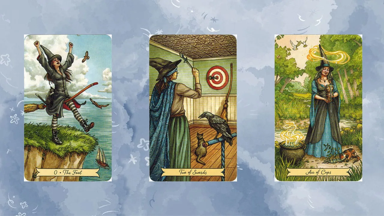 trải bài gồm các lá bài The Fool – Two of Swords – Ace of Cups