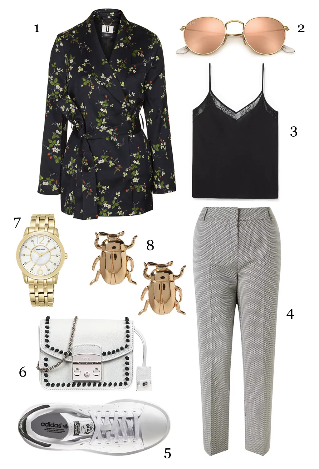 THỨ TƯ: 1 áo khoác Topshop, 2 mắt kính Rayban, 3 áo hai dây Mango, 4 quần Miss Selfridge, 5 giày Adidas, 6 túi Furla, 7 đồng hồ Nine West, 8 hoa tai Banana Republic
