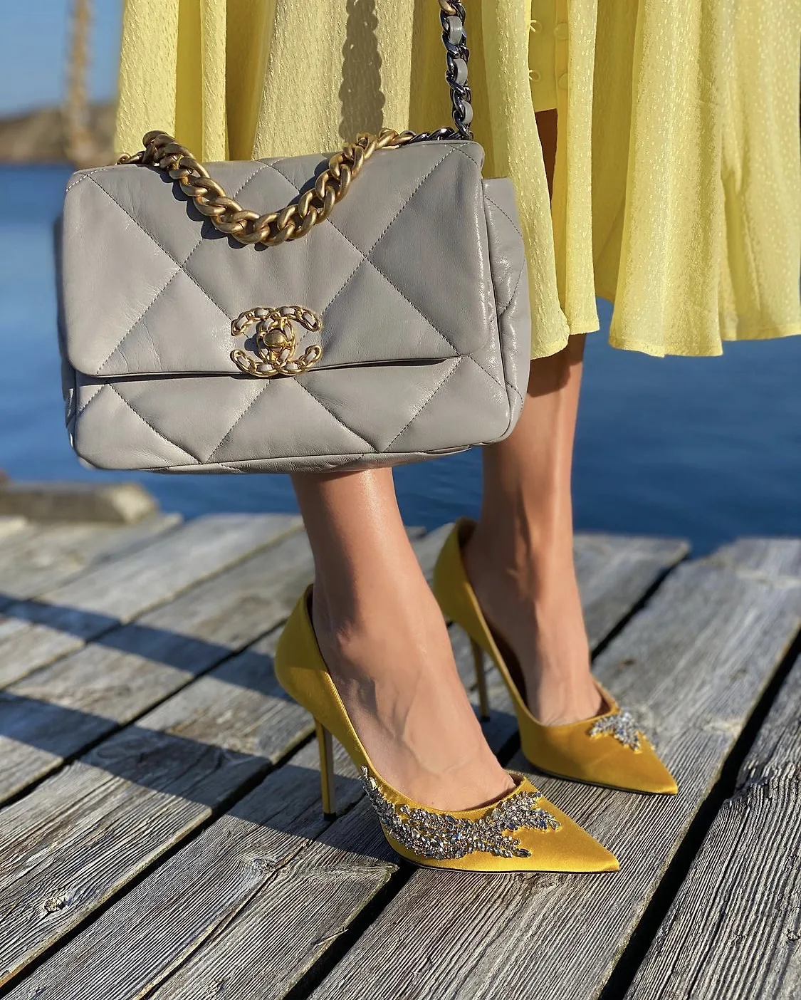 chanel 19 flap bag in grey with Ingrid Wilkinson