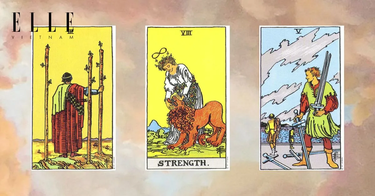 Bạn có các lá bài tarot: Three of Wands - Strength - Five of Swords