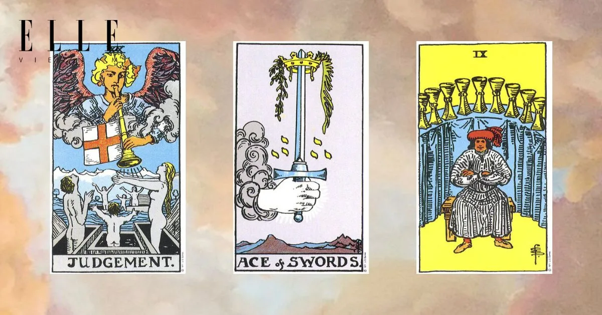 Bạn có các lá bài tarot: The Judgement - Ace of Swords - Nine of Cups