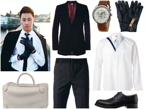 Găng tay da Versace, áo sơmi Burberry London, áo sơmi Kenzo, đồng hồ dây da nâu Hermès, quần Kenzo, túi xách dạng chữ nhật Hermès, giày da Hermès.
