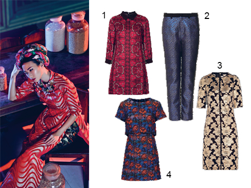 1.Đầm cổ sơmi TOPSHOP 2.Quần gấm MANGO 1.599.000 VNĐ 3.Đầm ngắn họa tiết ánh nhũ MARNI 4.Đầm chất liệu gấm TOPSHOP 2.590.000 VNĐ