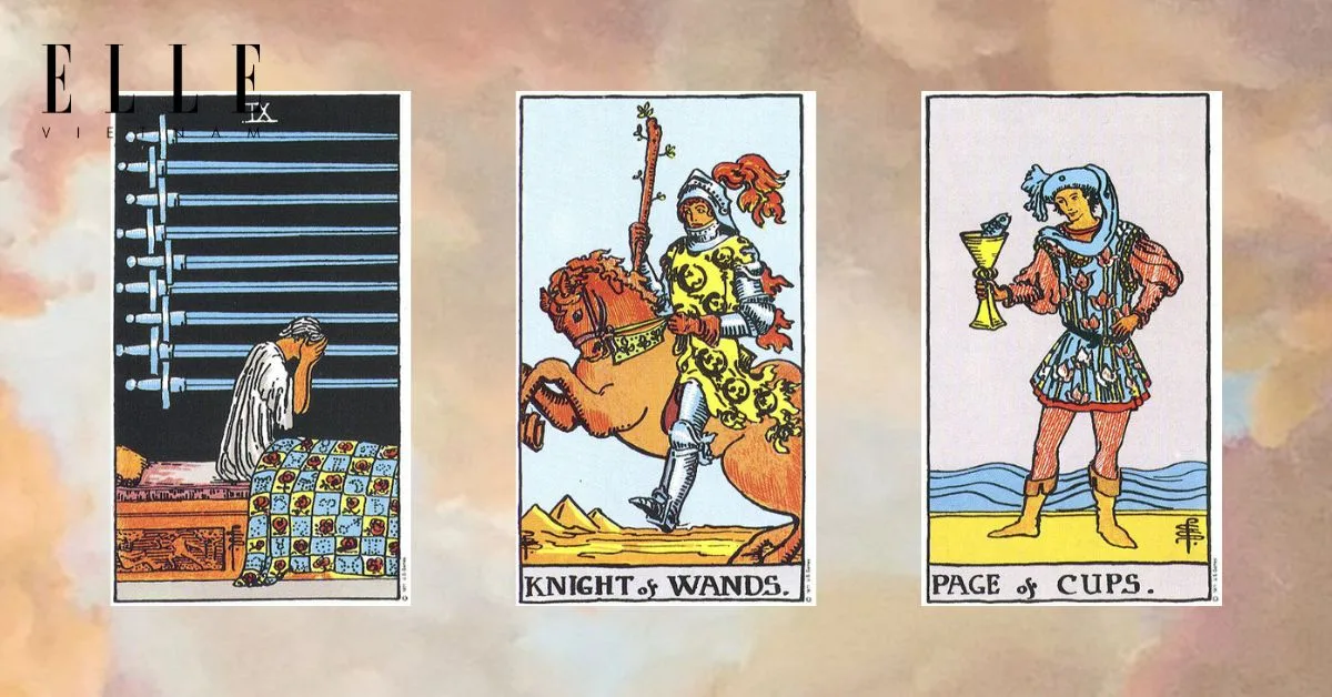 Bạn có các lá bài tarot: Nine of Swords - Knight of Wands - Page of Cups