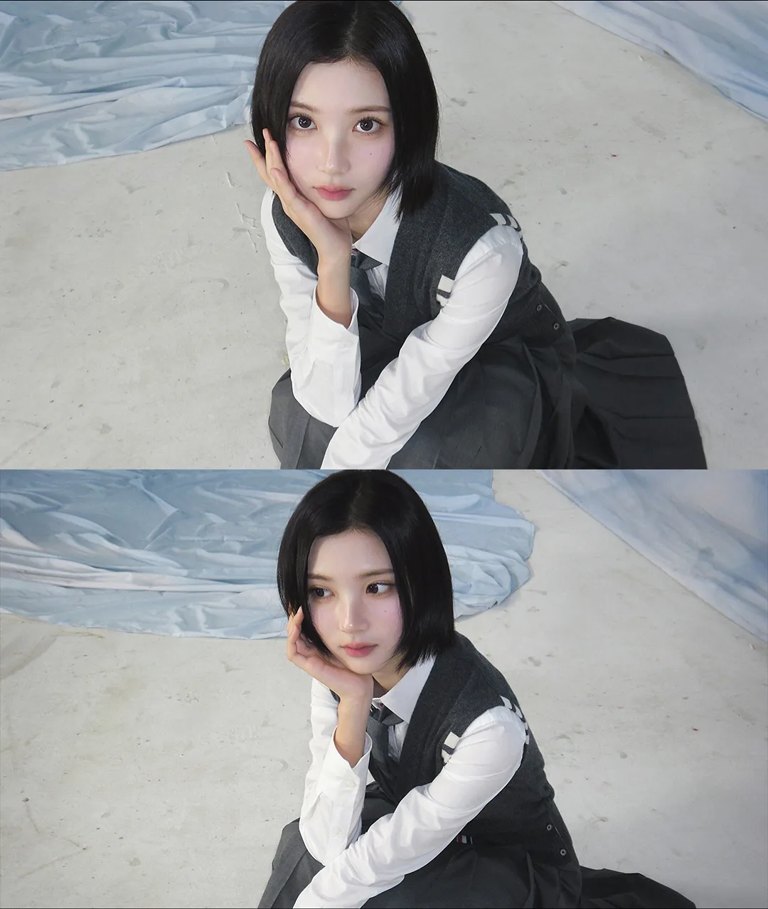 Jiwoo (Hearts2hearts) mặc đồng phục học sinh, tóc ngắn, pose dáng ngồi