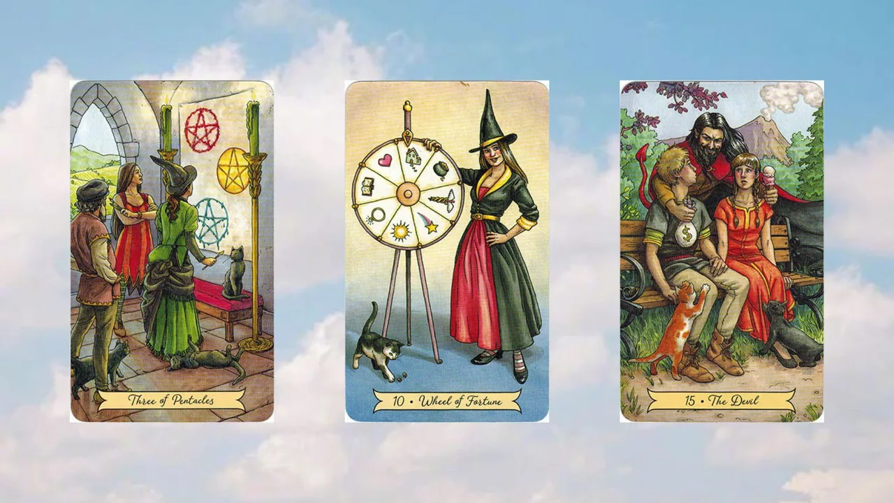 tụ bài tarot 1 three of pentacles - wheel of fortune - the devil