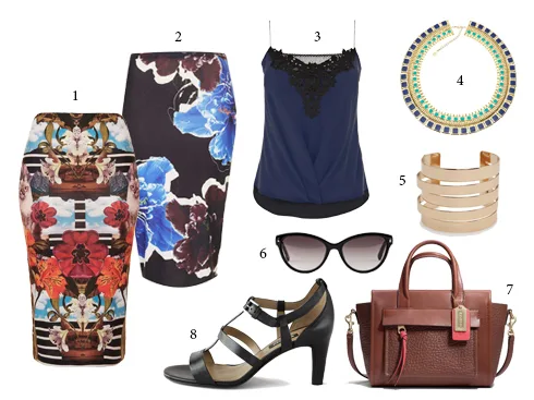 1&2.Chân váy TOPSHOP 3.Áo hai dây KAREN MILLEN 4.Vòng cổ ACCESSORIZE 5.Vòng tay MANGO 6.Kính mát FURLA 7.Túi xách COACH 8.Giày ECCO