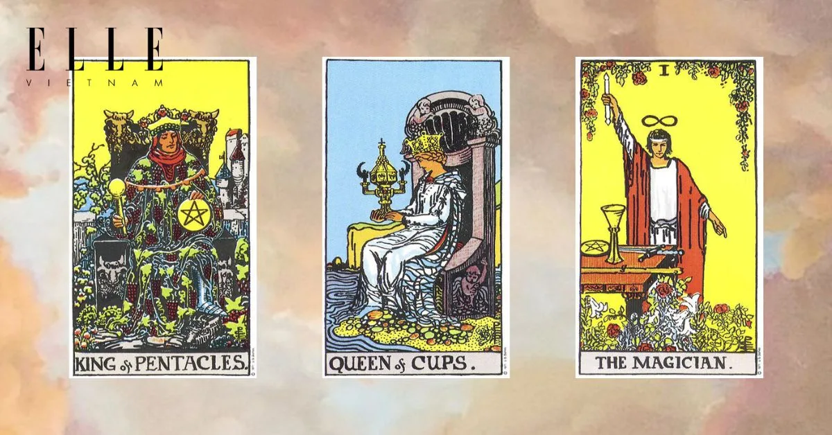 Bạn có các lá bài: King of Pentacles - Queen of Cups - The Magician