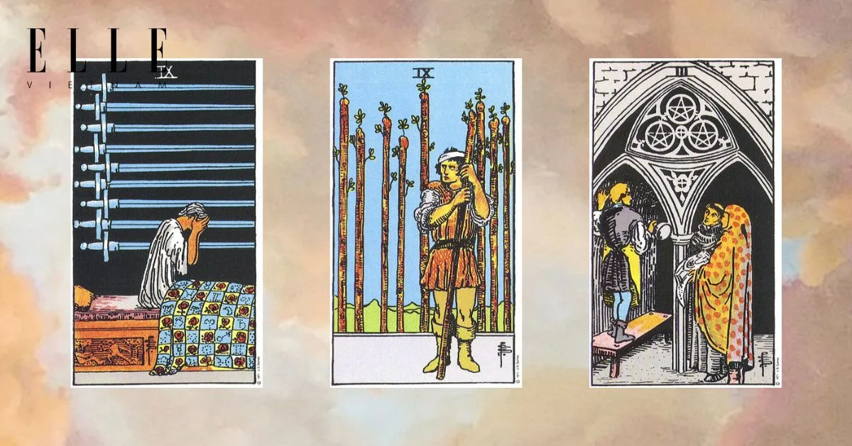 Bạn có các lá bài tarot: Nine of Swords - Nine of Wands - Three of Pentacles