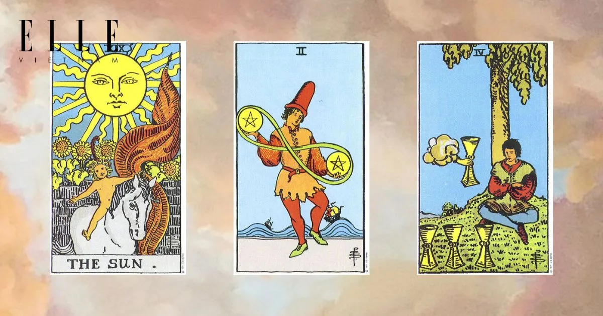 Bạn rút được các lá bài tarot có: The Sun - Two of Pentacles - Four of Cups