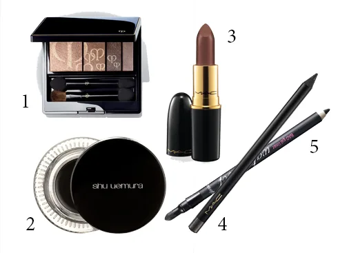 1.Phấn tạo độ sáng Clé De Peau Beauté 2.Kẻ mắt dạng gel Shu Uemura 3.Son nâu đồng satin M.A.C 4.Chì kẻ mắt đen ánh ngọc trai M.A.C 5.Kẻ mắt ruột mềm Benefit