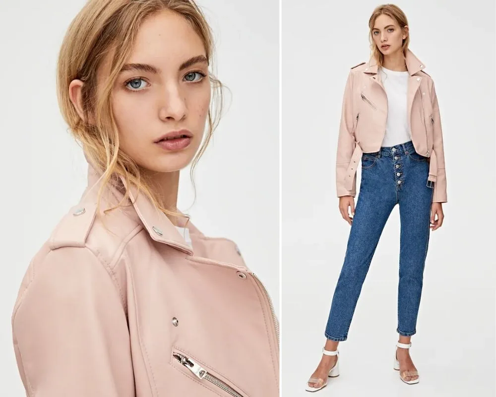 cách phối đồ cùng quần ống rộng - áo khoác da Pull and Bear