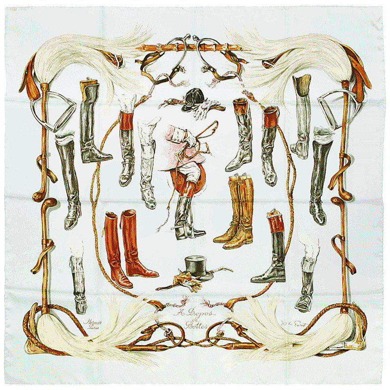 Các hoa văn tuyệt đẹp trên chiếc khăn lụa Hermes nghìn đô 1962 - A Propos de Bottes, Xavier De poret