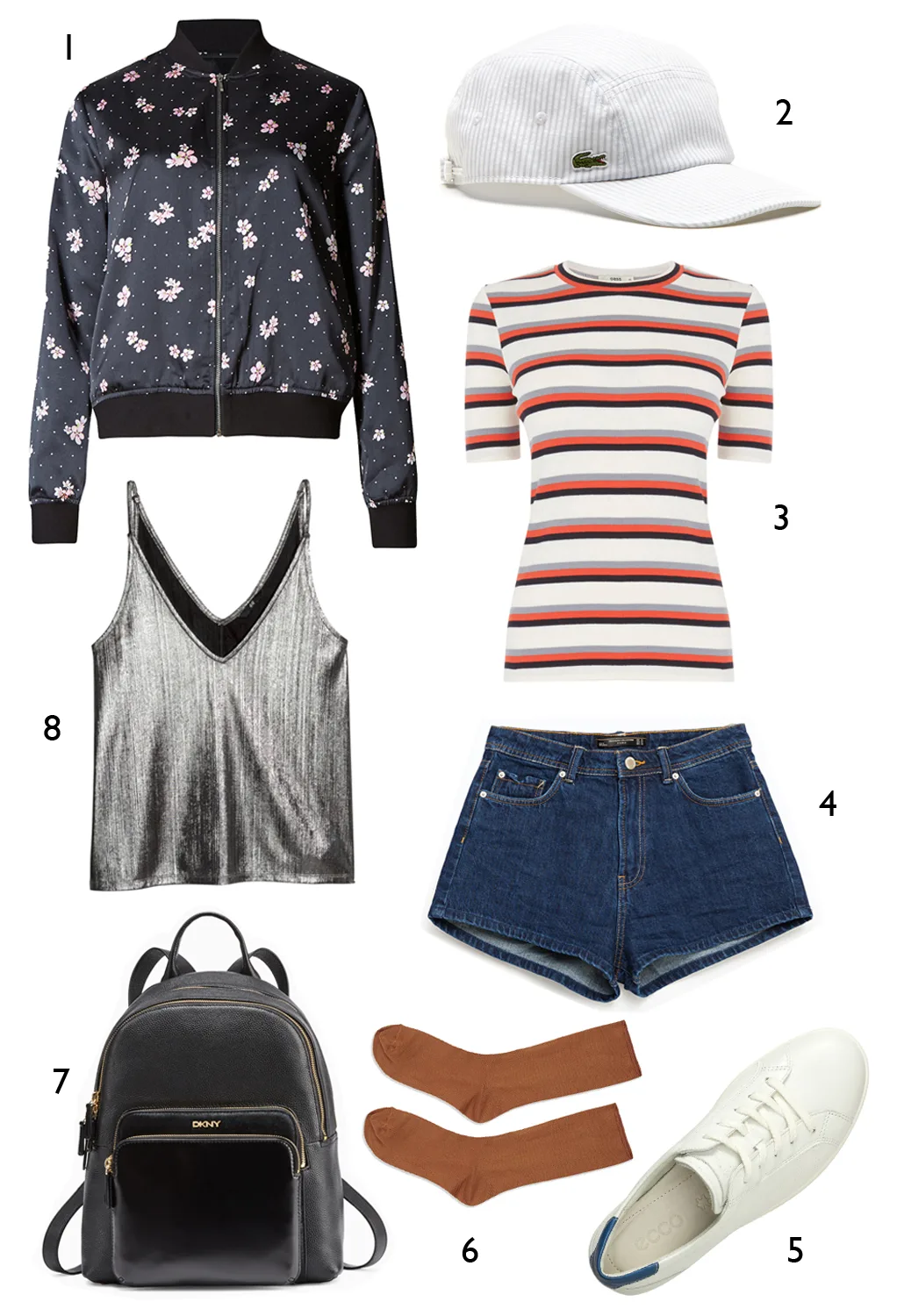 CÁCH PHỐI 6: 1. Áo khoác Marks & Spencer - 2. Nón Lacoste - 3. Áo Oasis - 4. Quần shorts Zara - 5. Giày Ecco - 6. Vớ Topshop - 7. Ba lô DKNY - 8. Áo H&M