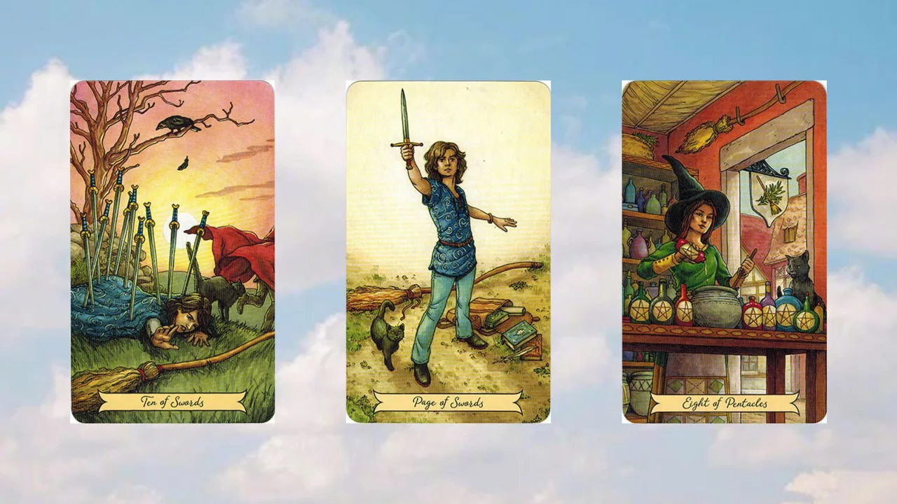 trải bài tarot ten of swords - page of swords - eight of pentacles