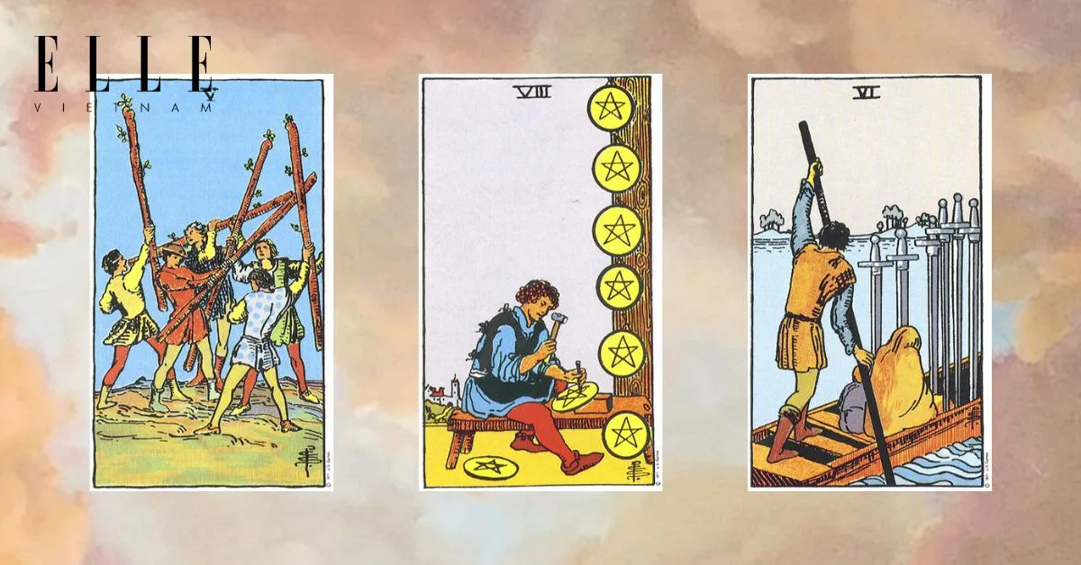 trải bài tarot gồm các lá bài tarot Five of Wands - Eight of Pentacles - Six of Swords