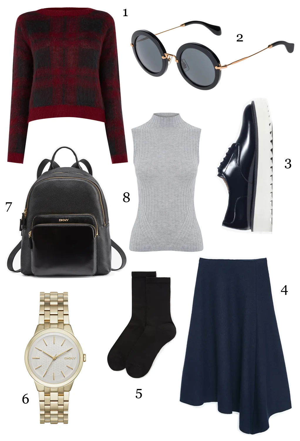 CÁCH PHỐI 2: 1.Áo jumper Oasis - 2.Mắt kính Miu Miu - 3.Giày Zara - 4.Váy Mango - 5.Vớ Marks & Spencer - 6.Đồng hồ DKNY - 7.Ba lô DKNY - 8. Áo cổ lọ Warehouse
