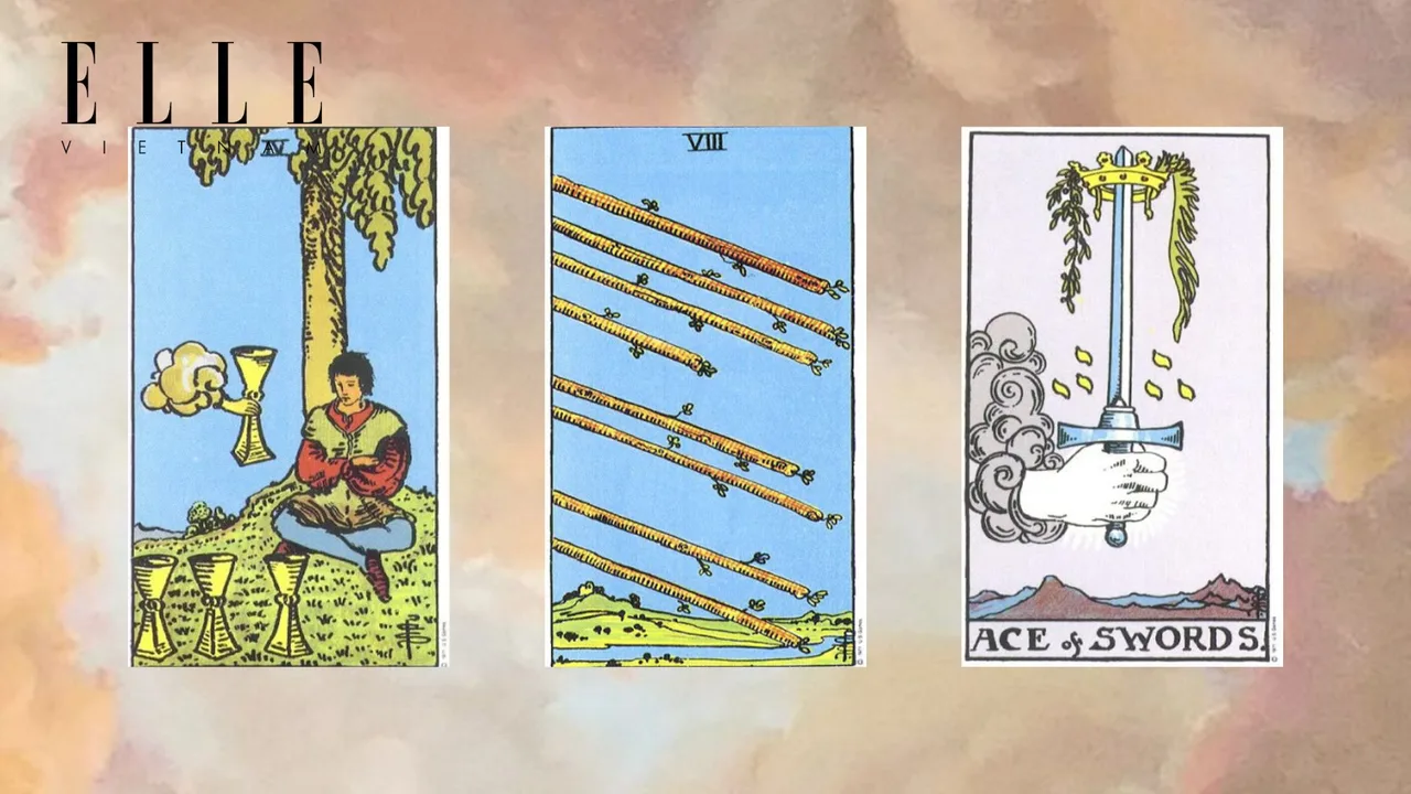 trải bài tarot gồm Four of Cups - Eight of Wands - Ace of Swords